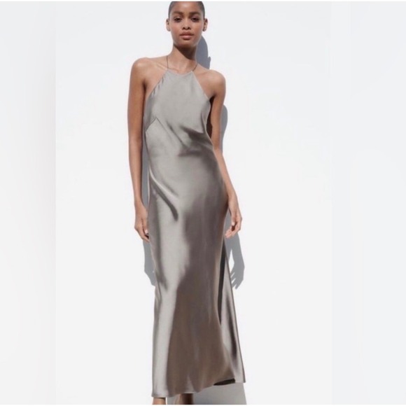 Zara Dresses & Skirts - ZARA Grey Satin Halter Neck Open Back Maxi Dress XS 2916/331 NWT